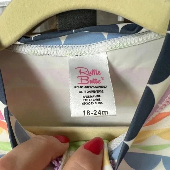 Ruffle Butts rashguard toddler girl scalloped rainbow long sleeve swimsuit top - Picture 3 of 5